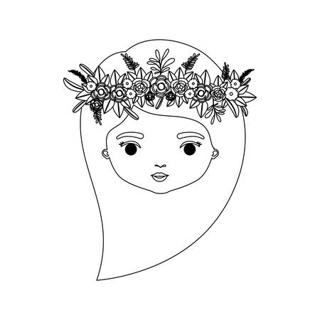 monochrome silhouette of caricature front view face woman with long side hairstyle and crown decorate with flowers vector illustrationのイラスト素材