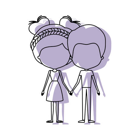 Watercolor silhouette of faceless caricature couple standing and him with short hair and her with dress and double bun hairstyle vector illustrationのイラスト素材