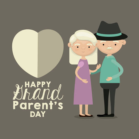 monochrome background with caricature full body elderly couple embraced with heart and text happy grandparents day vector illustrationのイラスト素材