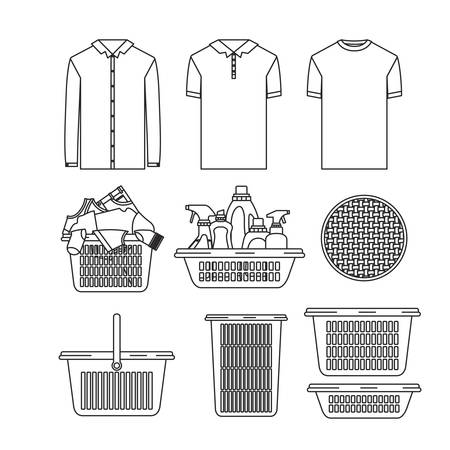 white background of silhouette set elements of laundry and cleaning items with clothes and plastic basins vector illustrationのイラスト素材