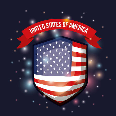 color dark blue background with brightness of shield shape flag united states of america with label tape up vector illustrationのイラスト素材