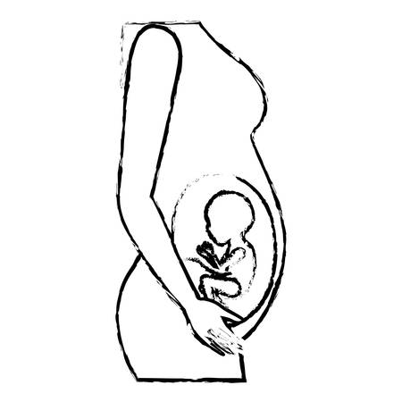 Monochrome blurred silhouette of side view pregnancy process in female body fetus human growth semester vector illustration.のイラスト素材