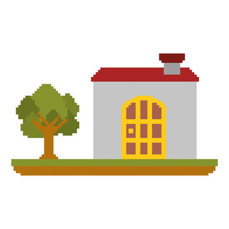 Colorful pixelated house in meadow with tree vector illustrationのイラスト素材