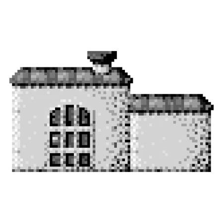 monochrome pixelated house with chimney and big door vector illustrationのイラスト素材
