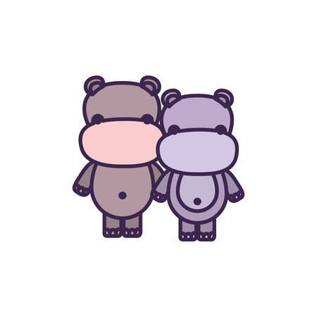 white background with light color faceless caricature couple cute animal hippopotamus vector illustrationのイラスト素材