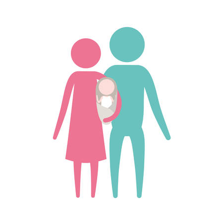 Color silhouette set pictogram parents with a baby girl wrapped in a blanket vector illustrationのイラスト素材