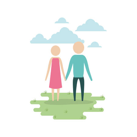 color sky landscape and grass with silhouette pictogram couple holding hands vector illustrationのイラスト素材