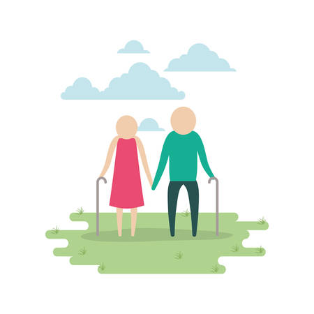color sky landscape and grass with silhouette pictogram elderly couple in grass vector illustrationのイラスト素材