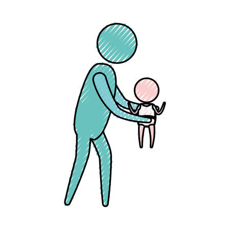 color crayon blue silhouette pictogram side view man carrying little baby vector illustrationのイラスト素材