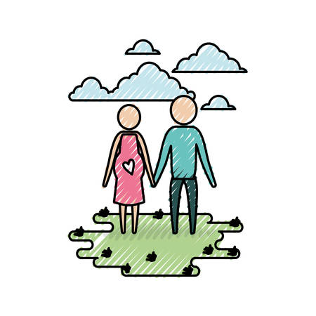 color crayon silhouette sky landscape and grass with pictogram woman pregnancy and man holding hands vector illustrationのイラスト素材