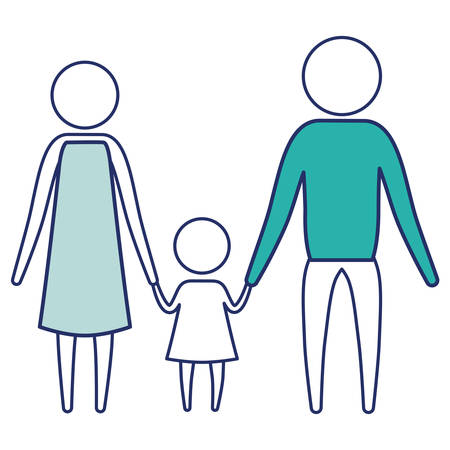 color blue silhouette of sections pictogram parents with a little girl holding hands vector illustrationのイラスト素材