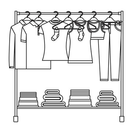 monochrome silhouette of clothes rack with t-shirts and pants on hangers and fold clothes on bottom vector illustrationのイラスト素材