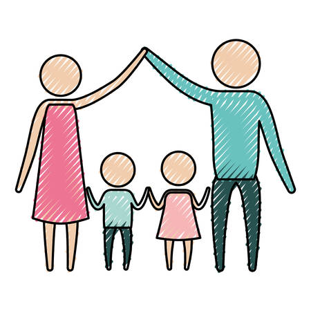 color crayon silhouette pictogram parents holding hands up and pair of children in the middle of them vector illustrationのイラスト素材