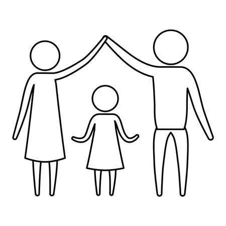 sketch silhouette of pictogram parents holding hands up an girl in the middle of them vector illustrationのイラスト素材