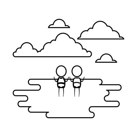 sketch contour of sky landscape and grass with pictogram couple little babys vector illustrationのイラスト素材