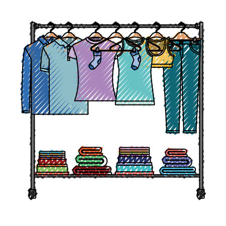 Colored crayon silhouette of clothes rack with t-shirts and pants on hangers and fold clothes on bottom vector illustrationのイラスト素材