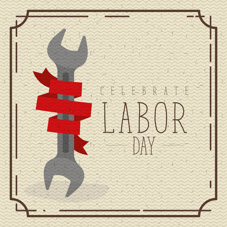 colorful poster with border vintage of celebrate labor day with spanner and red label decorative vector illustrationのイラスト素材