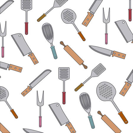 white background with pattern set collection of colorful kitchen utensils vector illustrationのイラスト素材