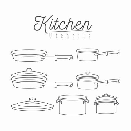 white background with silhouette set of kitchen pots and pans with lids kitchen utensils vector illustrationのイラスト素材