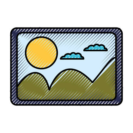 silhouette of colored pencils of picture with landscape with mountains and sun and clouds vector illustrationのイラスト素材