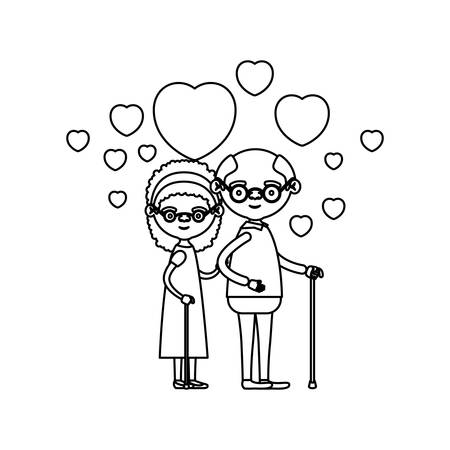 sketch silhouette of caricature full body elderly couple embraced with floating hearts grandfather with glasses in walking stick and grandmother with bow lace and curly hair vector illustrationのイラスト素材
