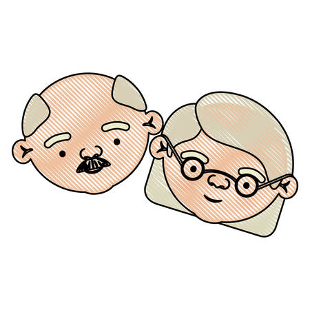 color crayon silhouette of face of elderly couple grandfather with moustache and grandmother with glasses and short hairstyle vector illustrationのイラスト素材