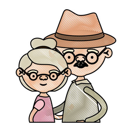 color crayon silhouette of half body couple elderly of grandmother with glasses and bun hair with grandfather with hat and moustache vector illustrationのイラスト素材