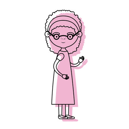 full body elderly woman in dress with bow lace and curly hairstyle with glasses in pink watercolor silhouette vector illustrationのイラスト素材