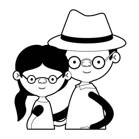 Caricature half body couple elderly of grandmother with ponytail side hair with grandfather with hat and glasses in black silhouette sections vector illustration.のイラスト素材