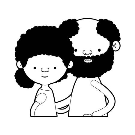 Caricature half body couple elderly of grandmother with curly hair with grandfather with beard in black silhouette sections vector illustration.のイラスト素材