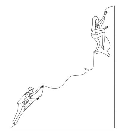 business woman and man trying to climb to the top of rock monochrome silhouette dotted vector illustrationのイラスト素材