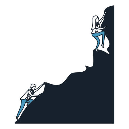 business woman and man trying to climb to the top of rock in color blue sections silhouette vector illustrationのイラスト素材