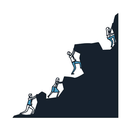 business people group trying to climb to the top of rock in color blue sections silhouette vector illustrationのイラスト素材