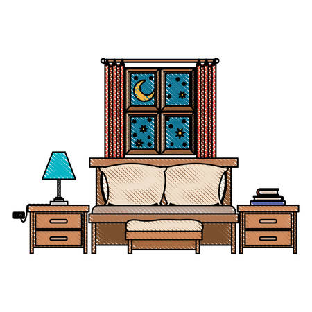 Bedroom with sofa bed window in the night landscape in color crayon silhouette on white background vector illustrationのイラスト素材