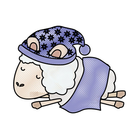 sheep animal with sleeping cap and wrapped in a blanket in color crayon silhouette on white background vector illustrationのイラスト素材