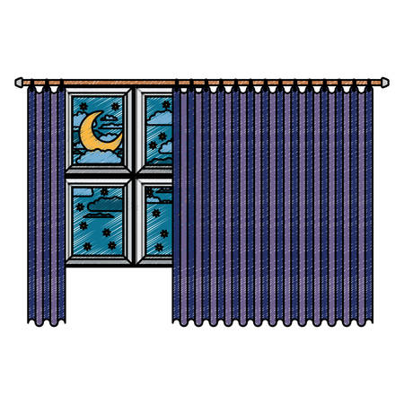 big window with blue dark curtain and night landscape in color crayon silhouette on white background vector illustrationのイラスト素材