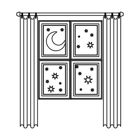 window in wooden with curtain and night landscape sketch silhouette on white background vector illustrationのイラスト素材