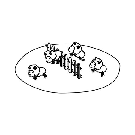 sheeps jump wooden fence grass sketch silhouette on white background vector illustrationのイラスト素材
