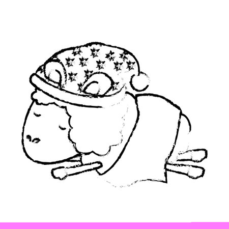 sheep animal with sleeping cap and wrapped in a blanket blurred silhouette on white background vector illustrationのイラスト素材