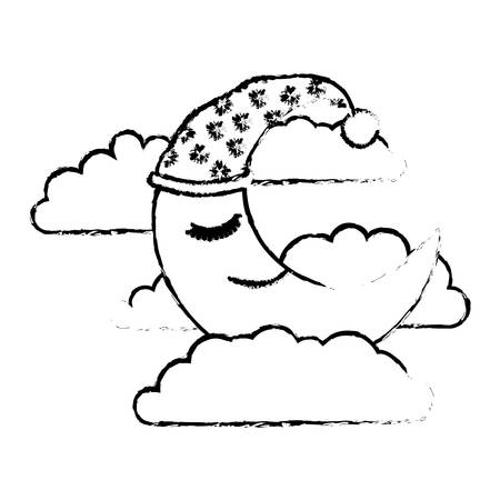 moon half caricature with sleeping cap into the clouds blurred silhouette on white background vector illustrationのイラスト素材