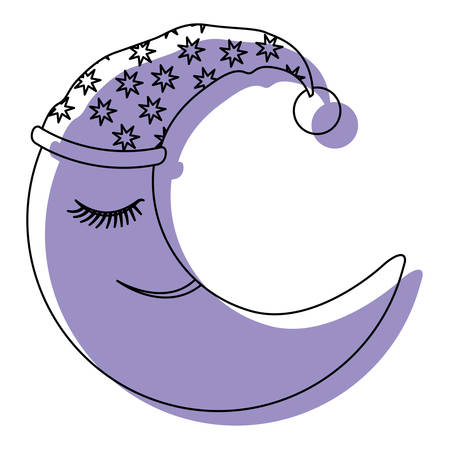 moon half caricature with sleeping cap purple watercolor silhouette on white background vector illustrationのイラスト素材