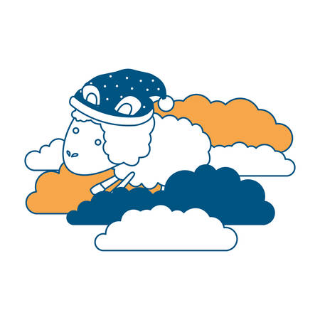 sheep animal with sleeping cap into the clouds color section silhouette on white background vector illustrationのイラスト素材