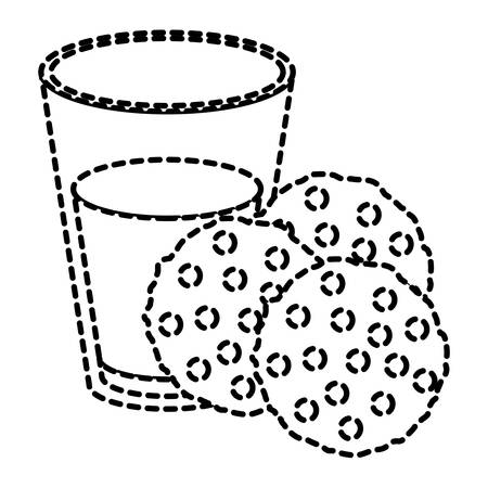 Chocolate chip cookies with glass of milk dotted silhouette on white background vector illustrationのイラスト素材