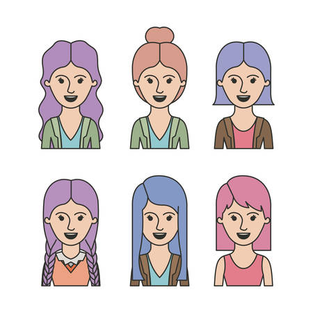 caricature half body women with differents haircut and clothes set on white background vector illustrationのイラスト素材
