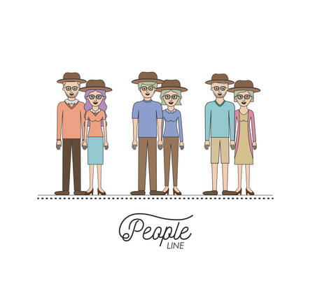 caricature couple young people line set with casual clothes and hats standing with hairstyle on white background vector illustrationのイラスト素材