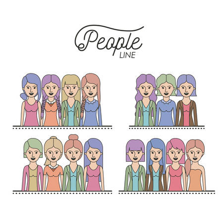 caricature half body women people line with differents hairstyle set on white background vector illustrationのイラスト素材