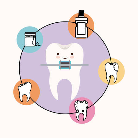 caricature tooth with brace dental care with happiness expression with circular frame icons dental care on white background vector illustrationのイラスト素材