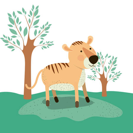 tiger animal caricature in forest landscape background vector illustrationのイラスト素材