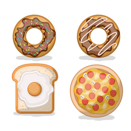 Donut and bread with fried egg and pizza in white background vector illustrationのイラスト素材