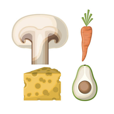 Mushroom, carrot, cheese, and avocado in white background vector illustrationのイラスト素材